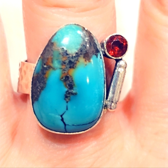 Turquoise & Garnet Sterling Silver 925 Gemstone Ring